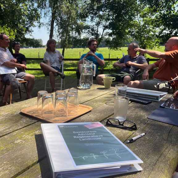 Boeren aan tafel en in gesprek tijdens de basiscursus 'Adviseur Regeneratieve Landbouw'