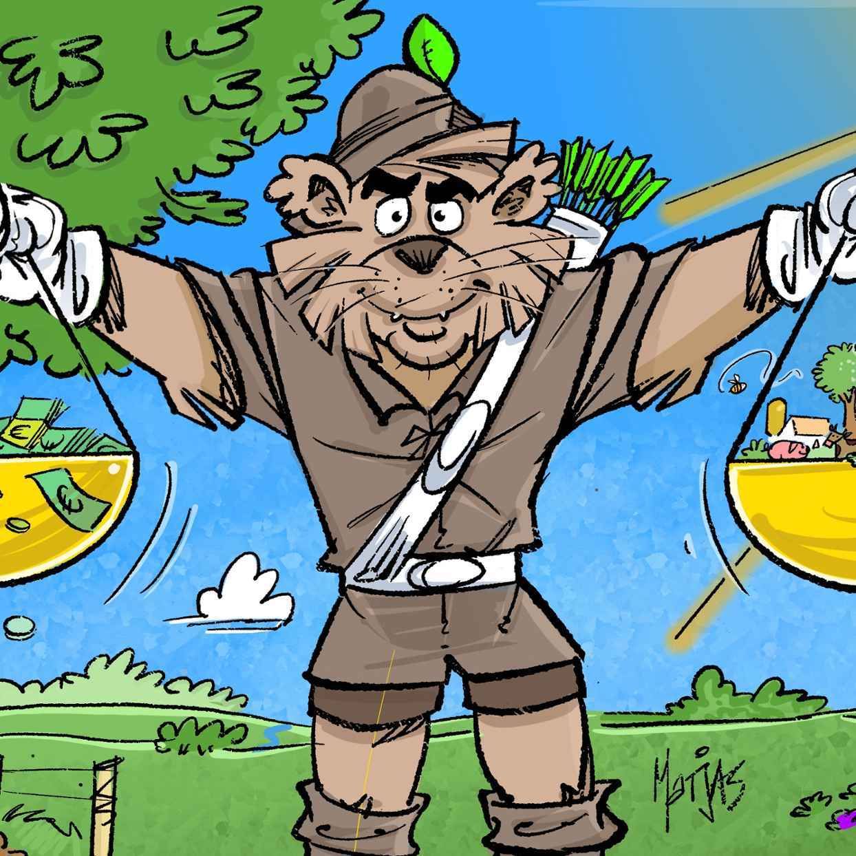 Robin Food houdt de balans vast tussen geld en natuur. Niet óf-óf, maar én-én. Illustrator Maarten Melis maakte voor ons dit prachtige beeld.