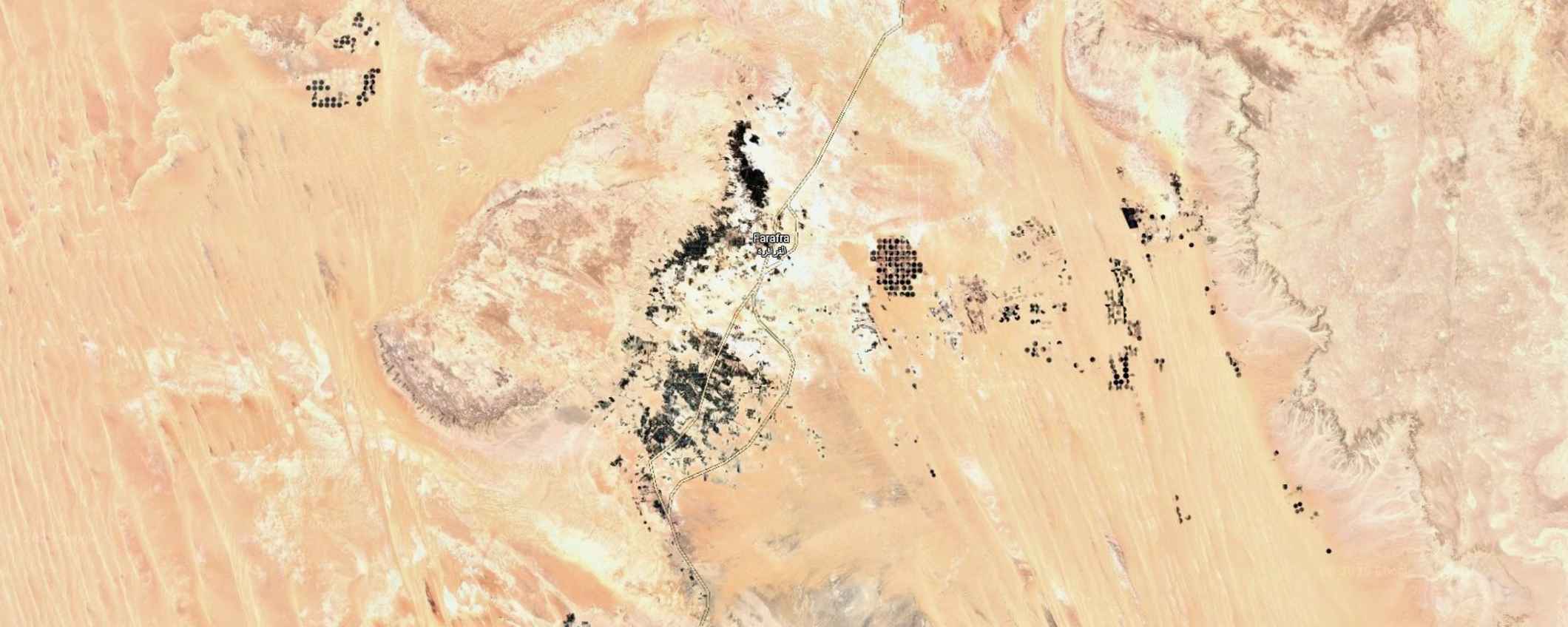 De ronde, groene irrigatievelden van SEKEM in de Wahat-woestijn, gezien vanuit de satelliet.